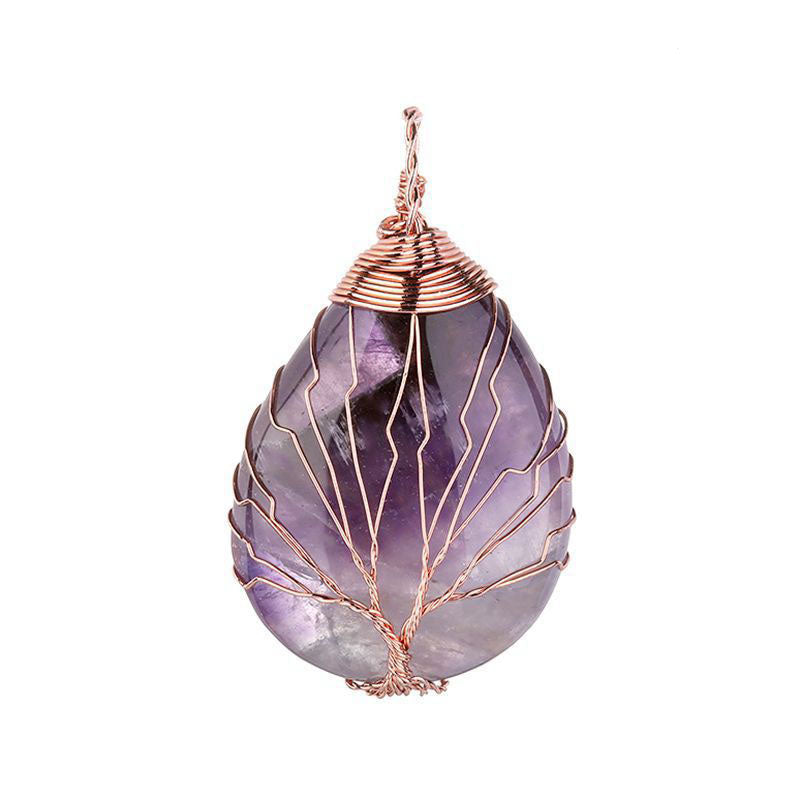 Amethyst Tree of Life Pendant - Teardrop - Rose Gold Color Plated - 48 x 30 mm