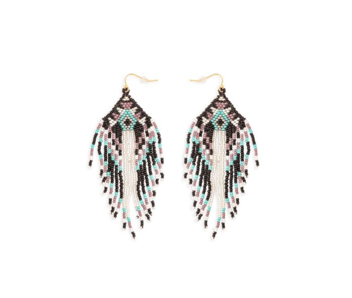 Robins Hope Glass Beaded Earrings - 3.5 inch Long - ebony, cloud gray, turquoise - NEW424