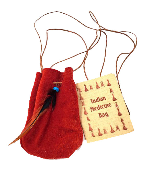 Medicine Dream Bag - Red - 10 Pack - 3x2 with a 18 inch cord - Soft leather Decorated with a feather and stone -