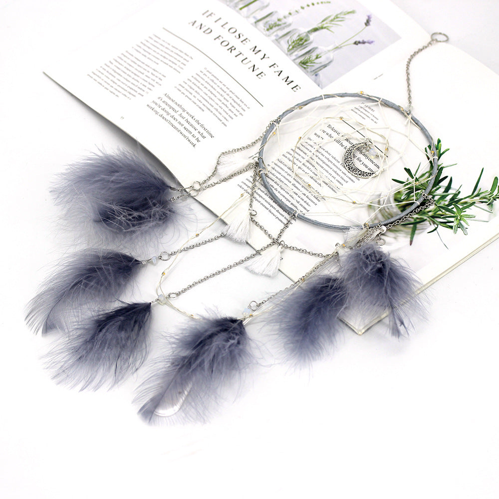 Fashion Dream Catcher Cotton Thread & Feathers Handmade - Gray - Moon Charm - 15x55cm - NEW1220