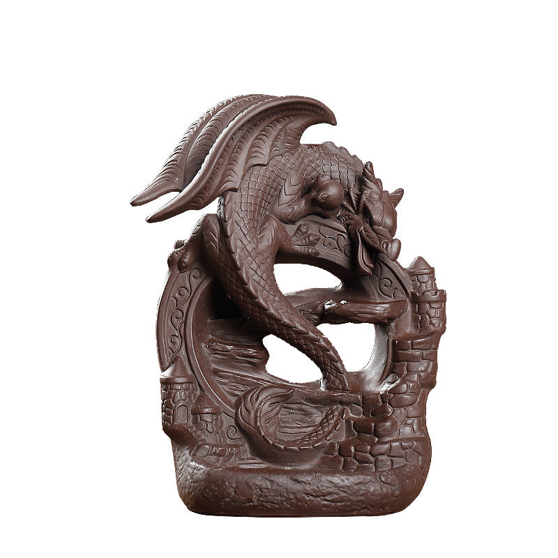 Dragon en porcelaine sur pont ouvert marron - Brûleur d'encens à contre-courant - 170 x 70 x 125 mm