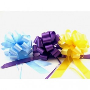 Assorted Colors 6 inch Pull Bows (PK 50) -
(Current Colours Purple, Baby Pink, Hunter Green, Lt. Blue, Yellow)
