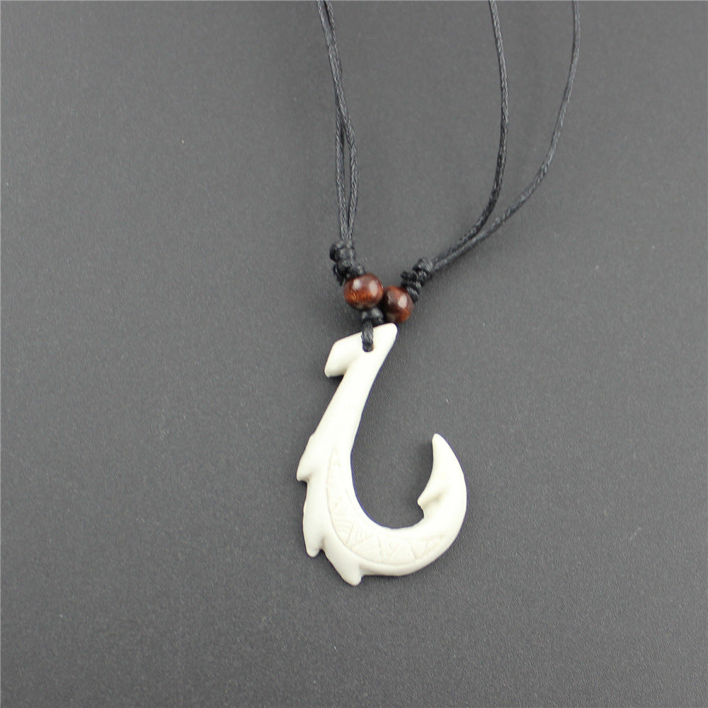 Hook Shape Resin Ox Bone W/Black Cord Necklace - 1.3 inch - NEW1220
