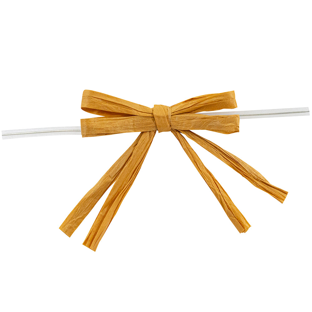 Pack of 100 Tan RAFFIA TWIST TIE BOWS - 2 STRAND - 2 LOOPS x 3.25in Span - 2 TAILS x 2in x .25in WIDTH RIBBON & 5in TWIST TIE