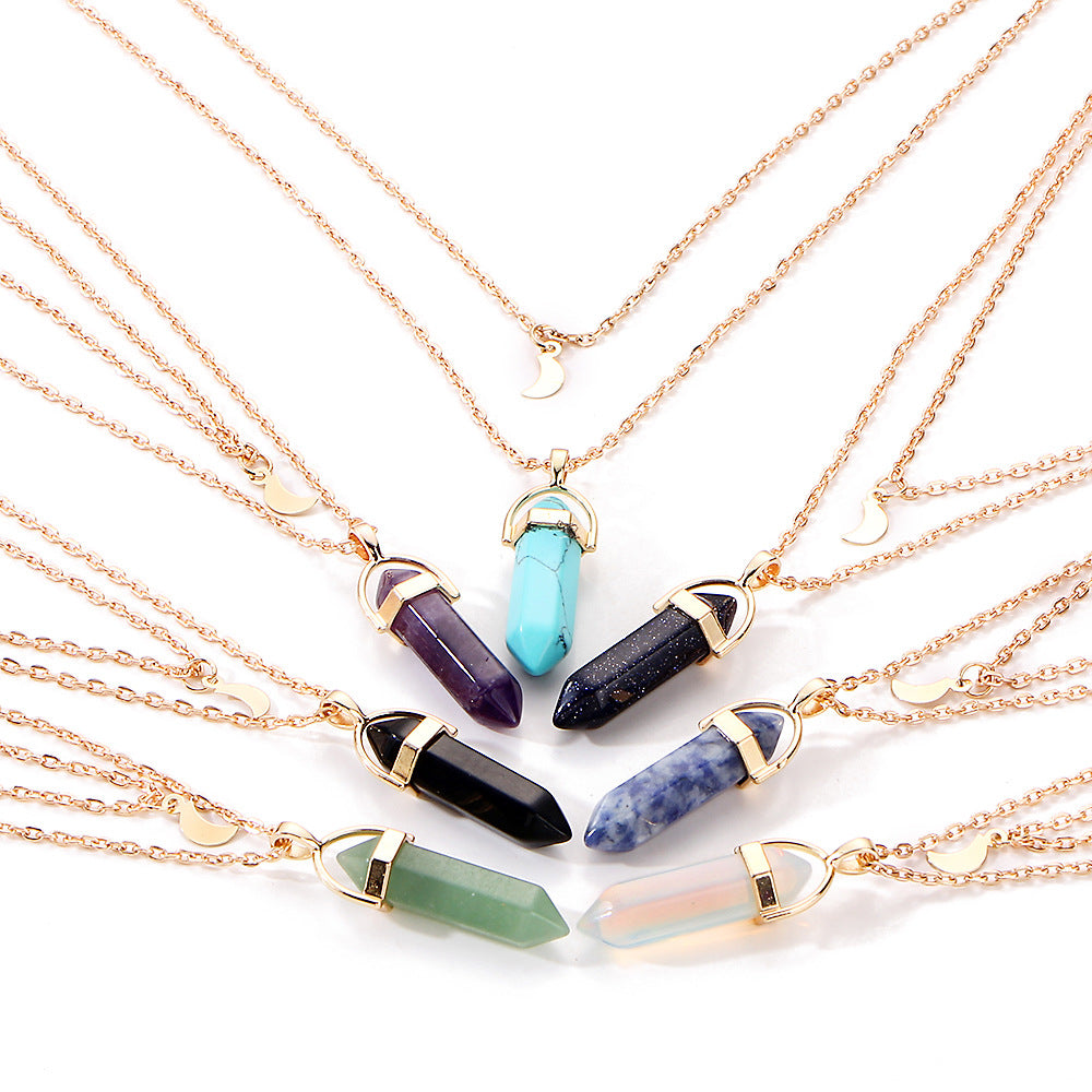 Collier Pierre Naturelle Noire, Lune, Chaîne Double Rang 30mm