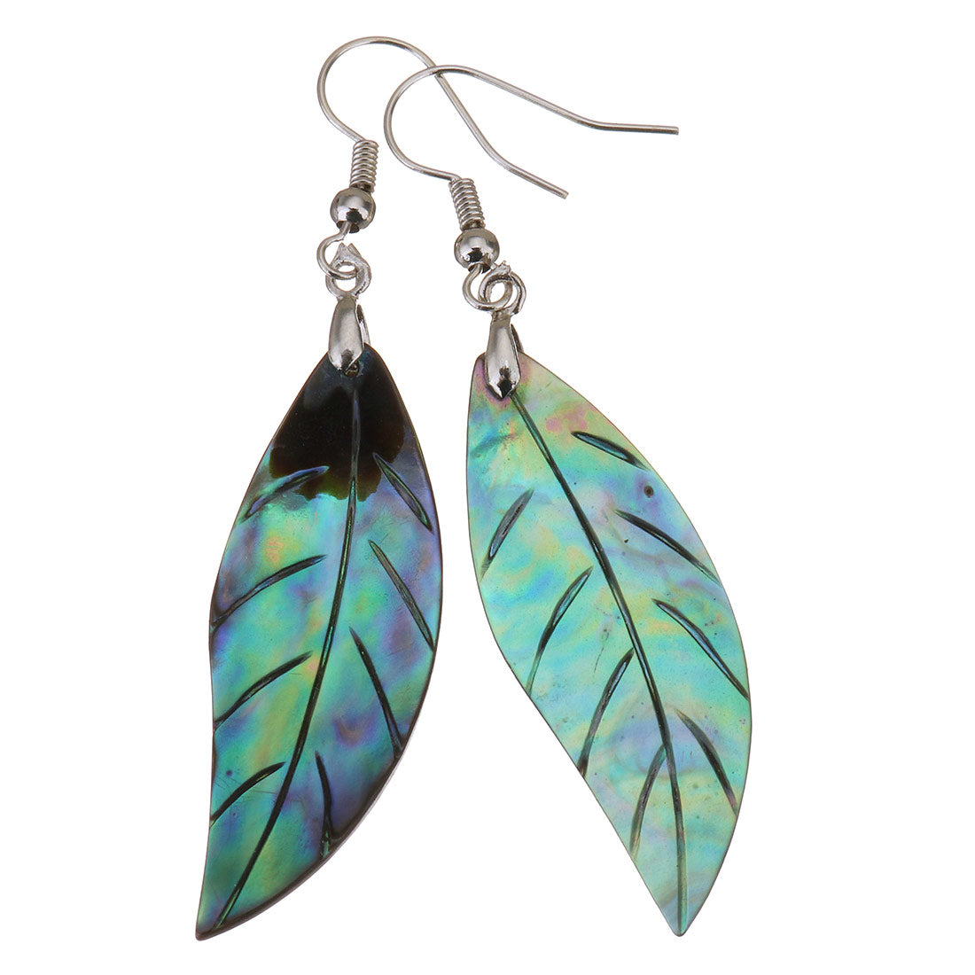 Leaf Design Abalone Shell Earrings with Silver color brass hooks - 15x40mm 65mm long