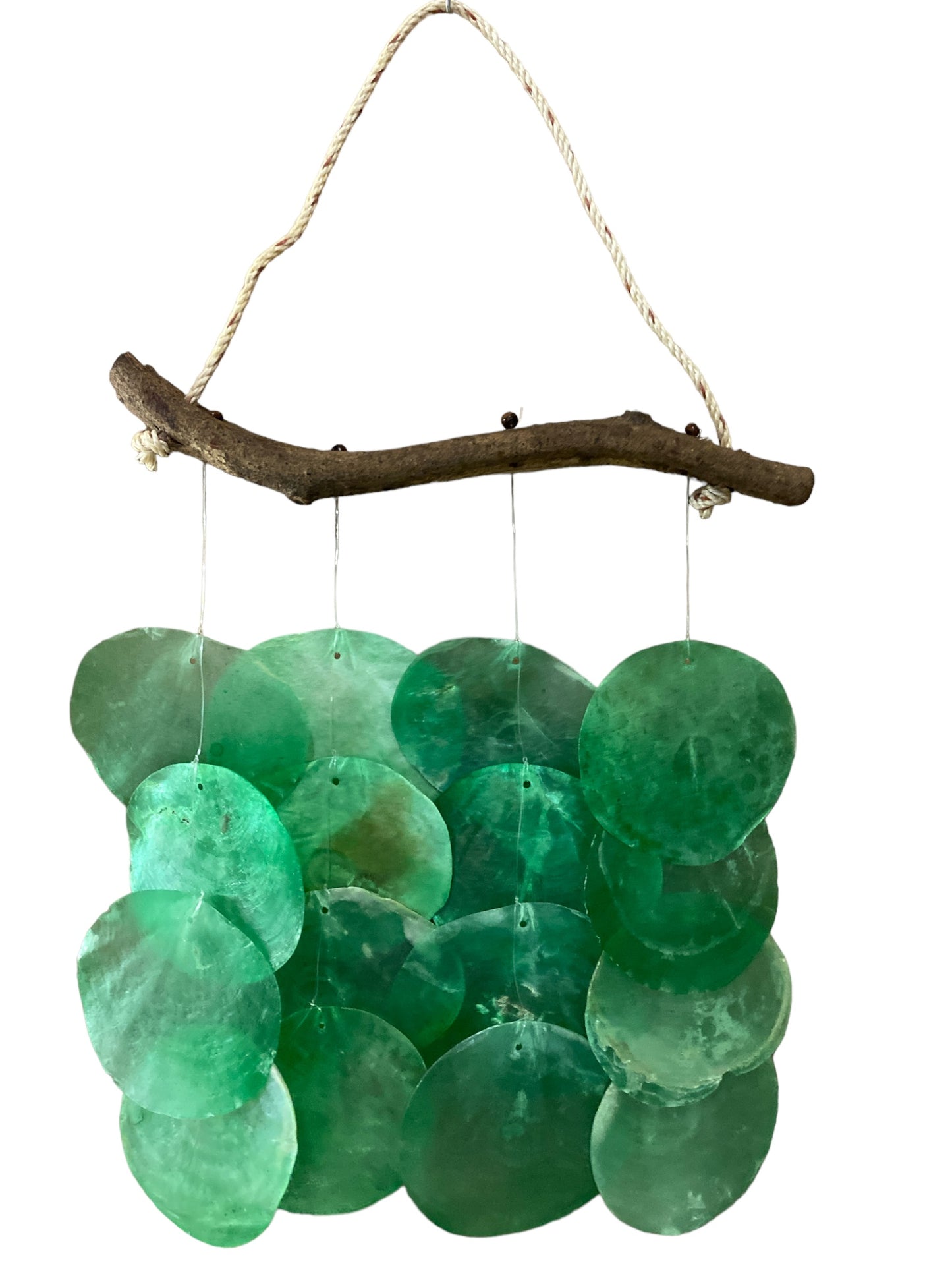 Green Capiz Placuna Shell Chime on Crazy Vine - 12 inch wide x 22 Long