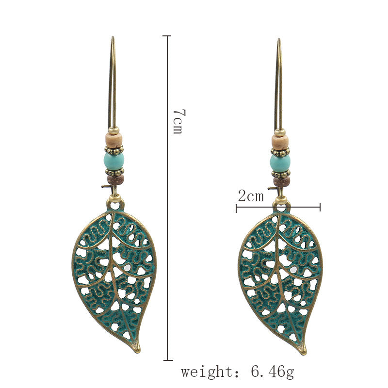 Boucles d'Oreilles Feuille en Bronze Vieilli avec Turquoise Synthétique et Crochets en Bois - Alliage de Zinc Sans Plomb ni Cadmium - Taille 20x70mm