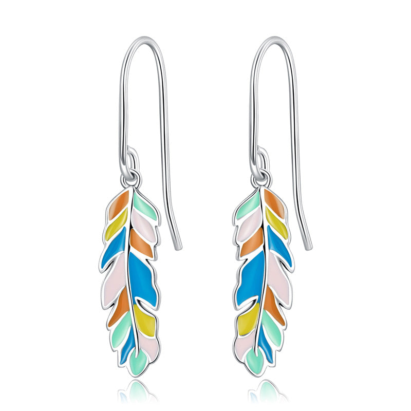 Feather Earrings - Sterling Silver 925 - Colored Enamel - See Ring - NEW622