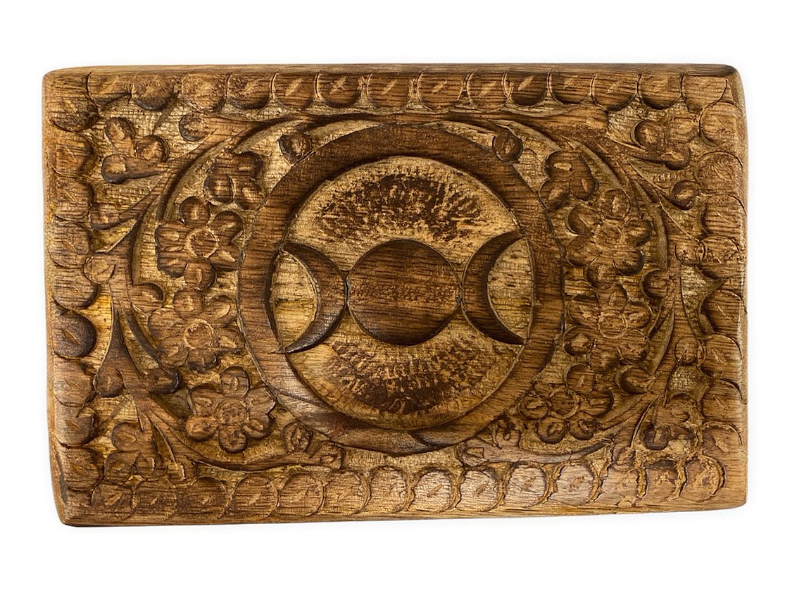 Triple Moon - Carved Wooden Box - 4 x 6 inch - India - NEW322