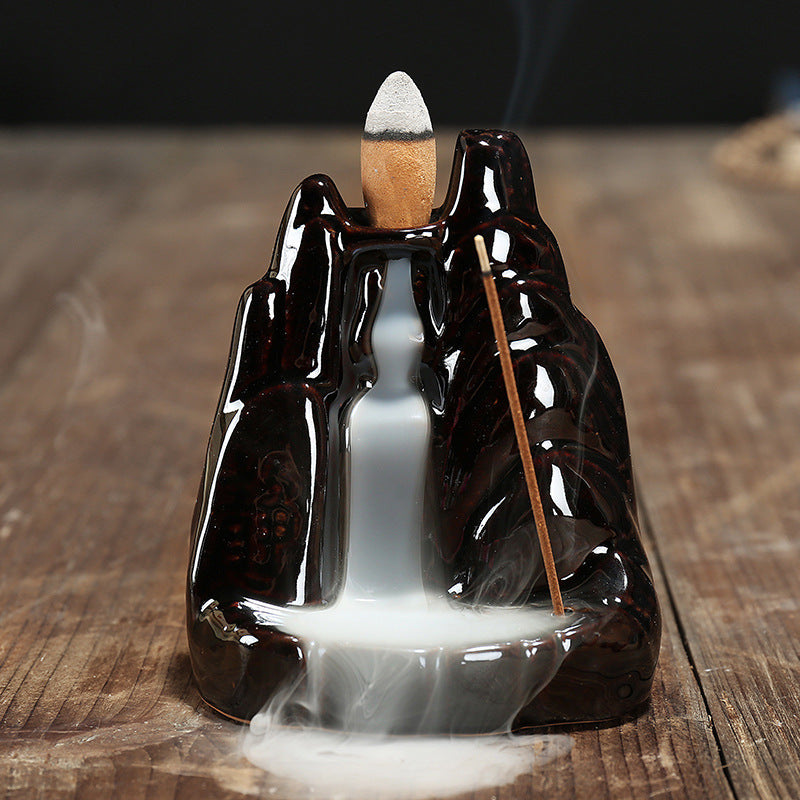 Porcelain Backflow Incense Holder - Black - 10x8cm - NEW521