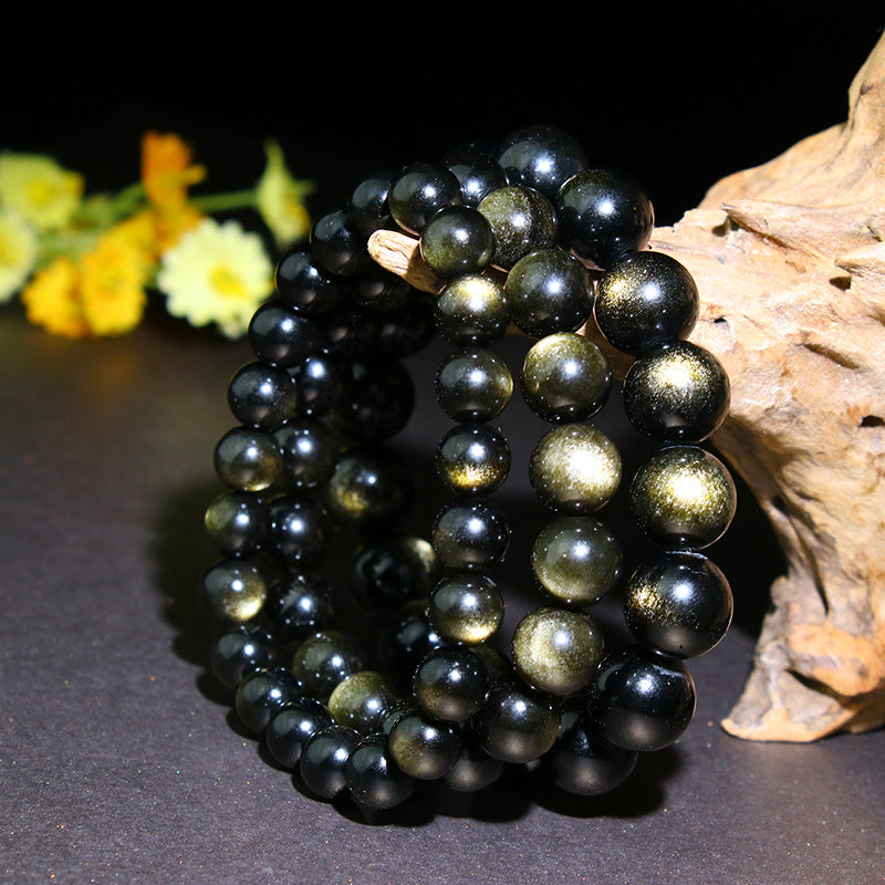 Bracelet en obsidienne dorée, perles rondes polies de 8 mm, noir - NEW222