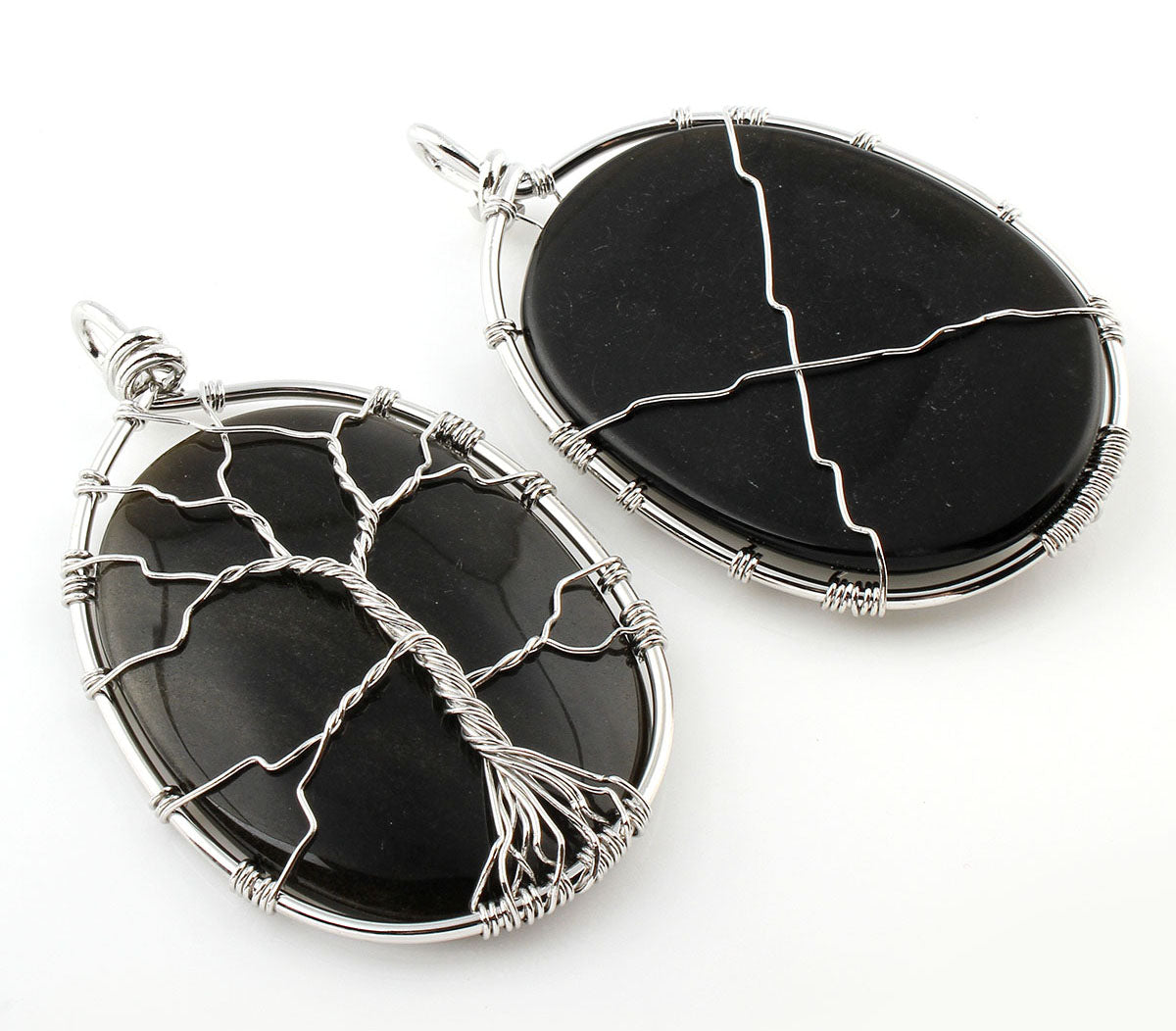 Pendentif Arbre de Vie - Laiton avec Obsidienne Ovale - Plaqué couleur Platine