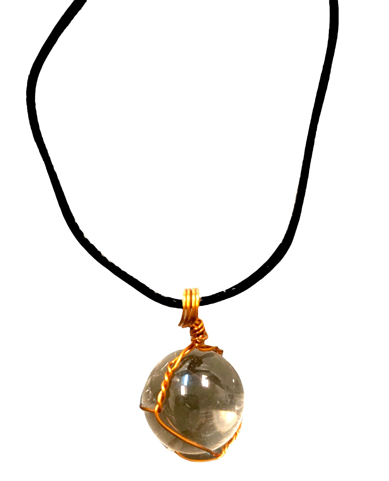 Pendentif enveloppé de cuivre avec sphère de quartz clair avec cordon - 15g - Inde - NEW1021