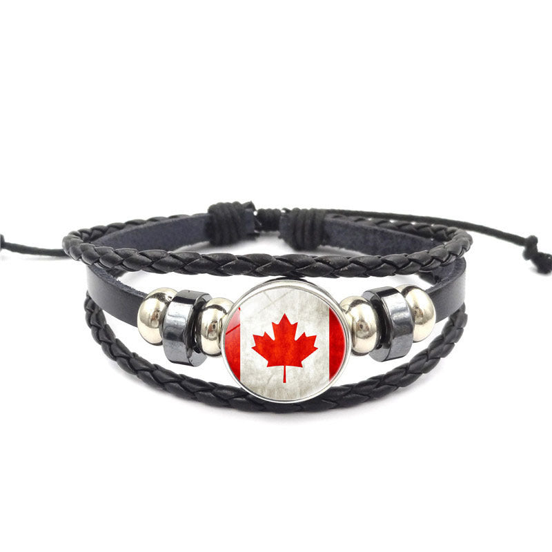 Bracelet en cuir unisexe - Breloque drapeau du Canada en verre
