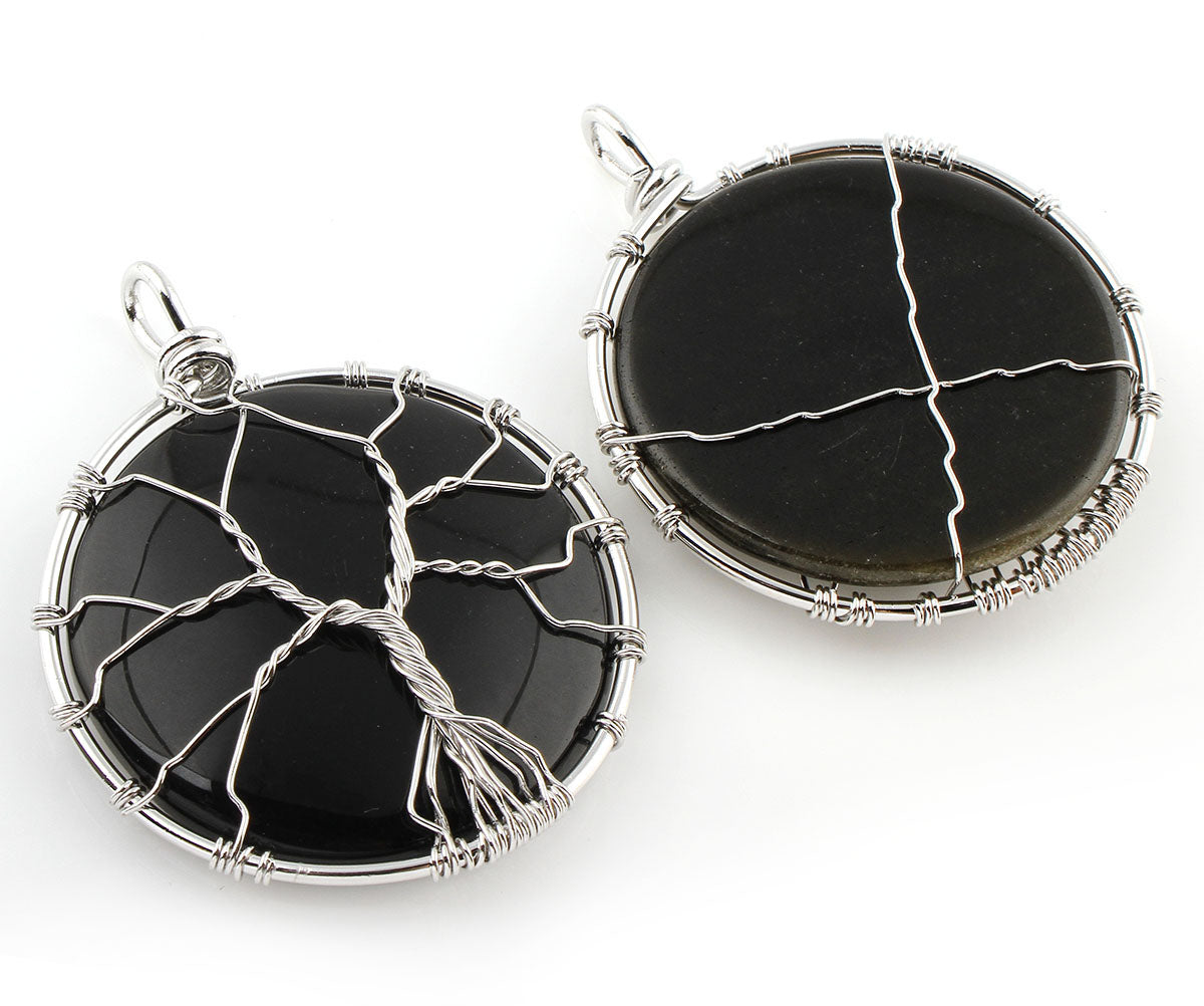 Pendentif Arbre de Vie - Laiton avec Obsidienne Ronde - Plaqué couleur Platine