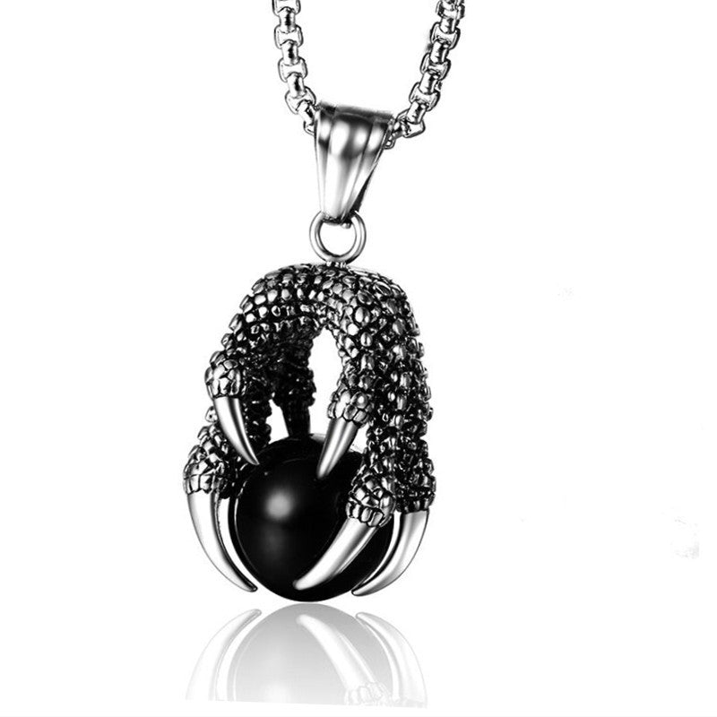 Griffe de dragon en acier inoxydable avec pendentif sphère en agate noire avec chaîne de 60 cm - Couleur argent - 43 x 21 mm 20 grammes - NEW522