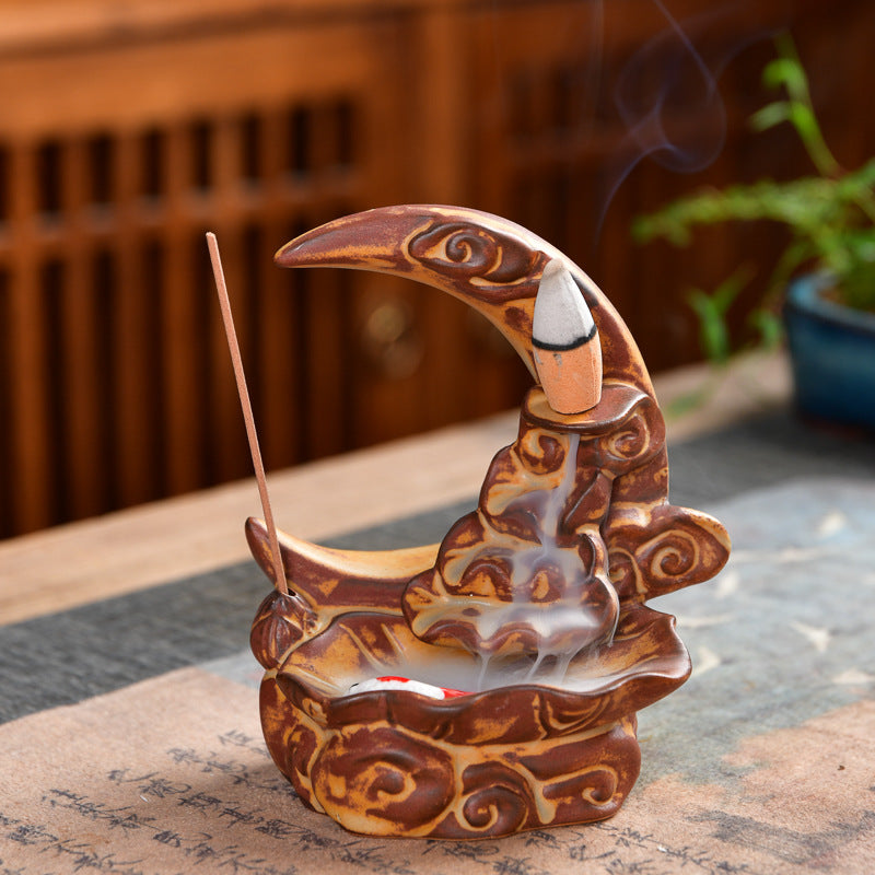 Lotus Pond Moonlight Marron-Jaune - Brûleur à contre-courant en porcelaine - 12,5x10,5cm - Chine - NEW922