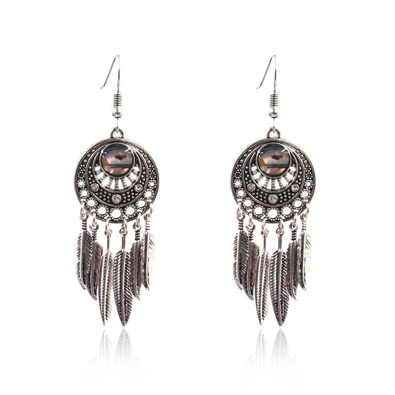 Boucles d'oreilles pendantes plume et ormeau, alliage de zinc plaqué nickel, sans plomb ni cadmium Taille : 70x23 mm
