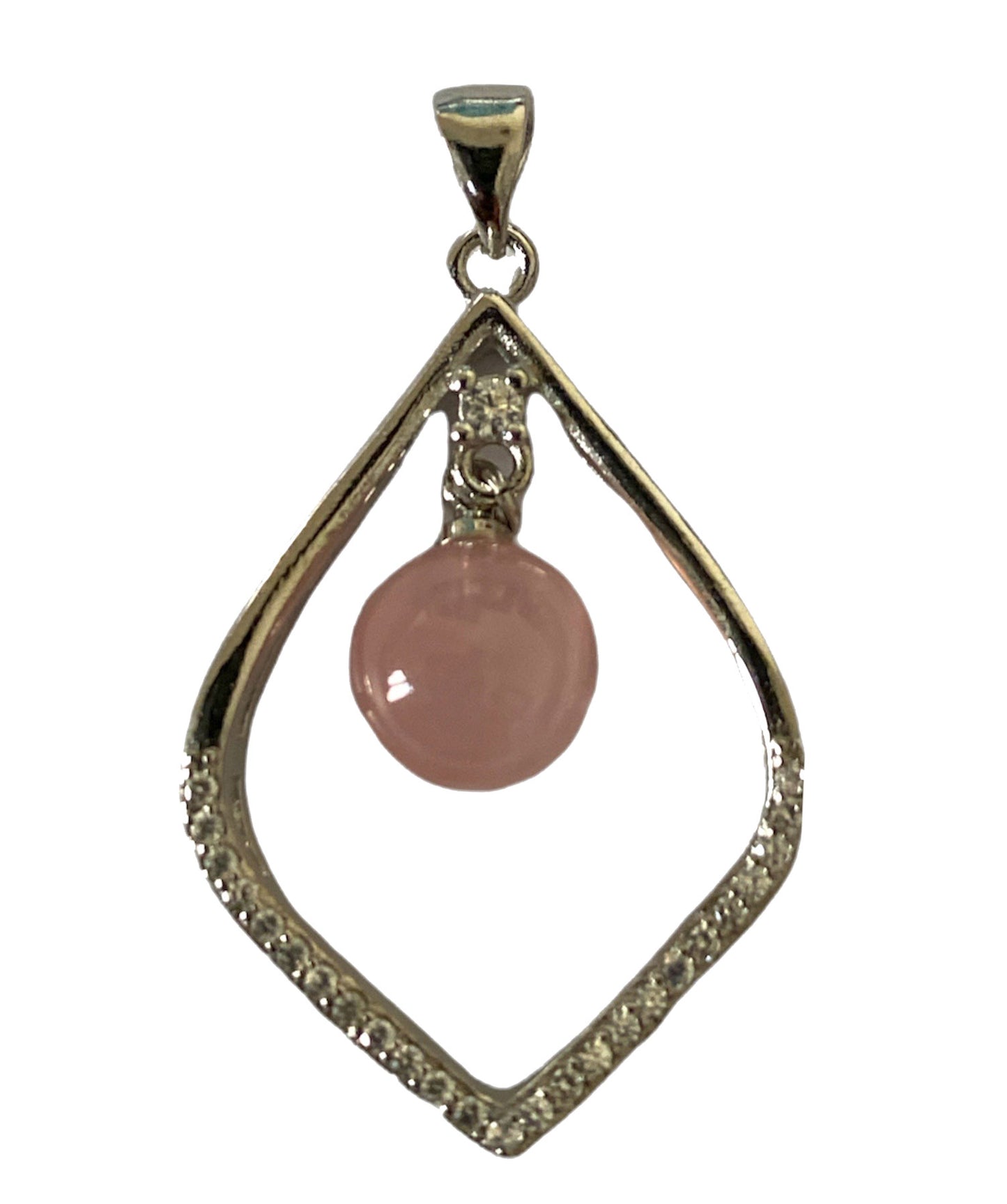 Rose Quartz Sphere Oval Pendant with Rhinestones - Silver Color Plated Metal - 35x20mm - China - NEW922