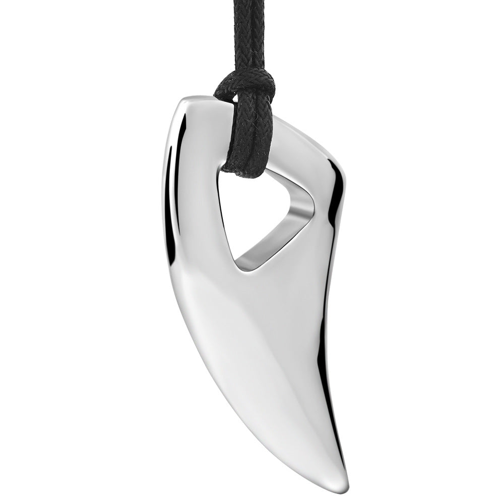 Pendentif en acier inoxydable dent de loup Taille : 23 x 48 mm avec collier en coton ciré 23,6 pouces - NEW920