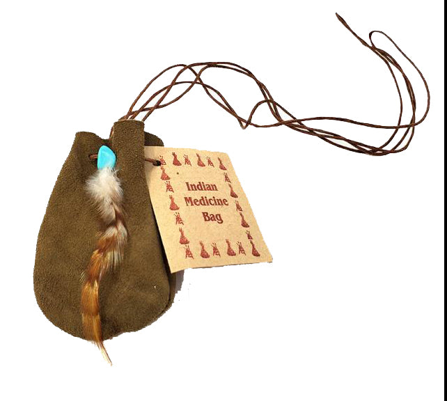 Medicine Dream Bag - Brown - 10 Pack - 3x2 with a 18 inch cord - Soft leather Decorated with a feather and stone - NEW1021