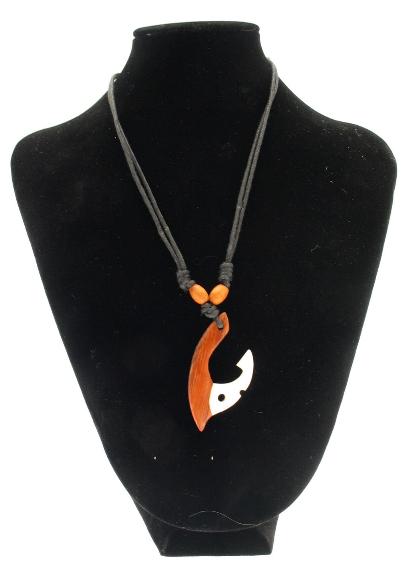 WOOD & BONE HALIBUT HOOK - W/BLACK CORD- NECKLACE