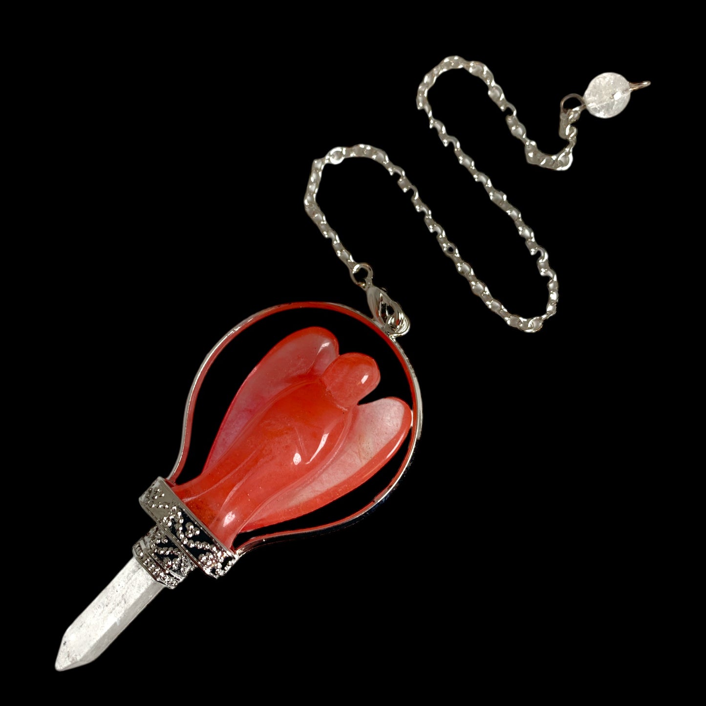 Cherry Quartz Angel Pendulum - Platinum Colour Plated