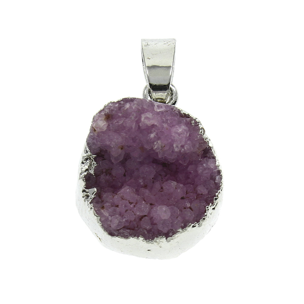 Agate Druzy Pendant - Purple Ice Quartz Agate with iron bail - Flat Round - Silver color plated - 15x7mm to 17x10mm - Hole 5x6mm - NEW222