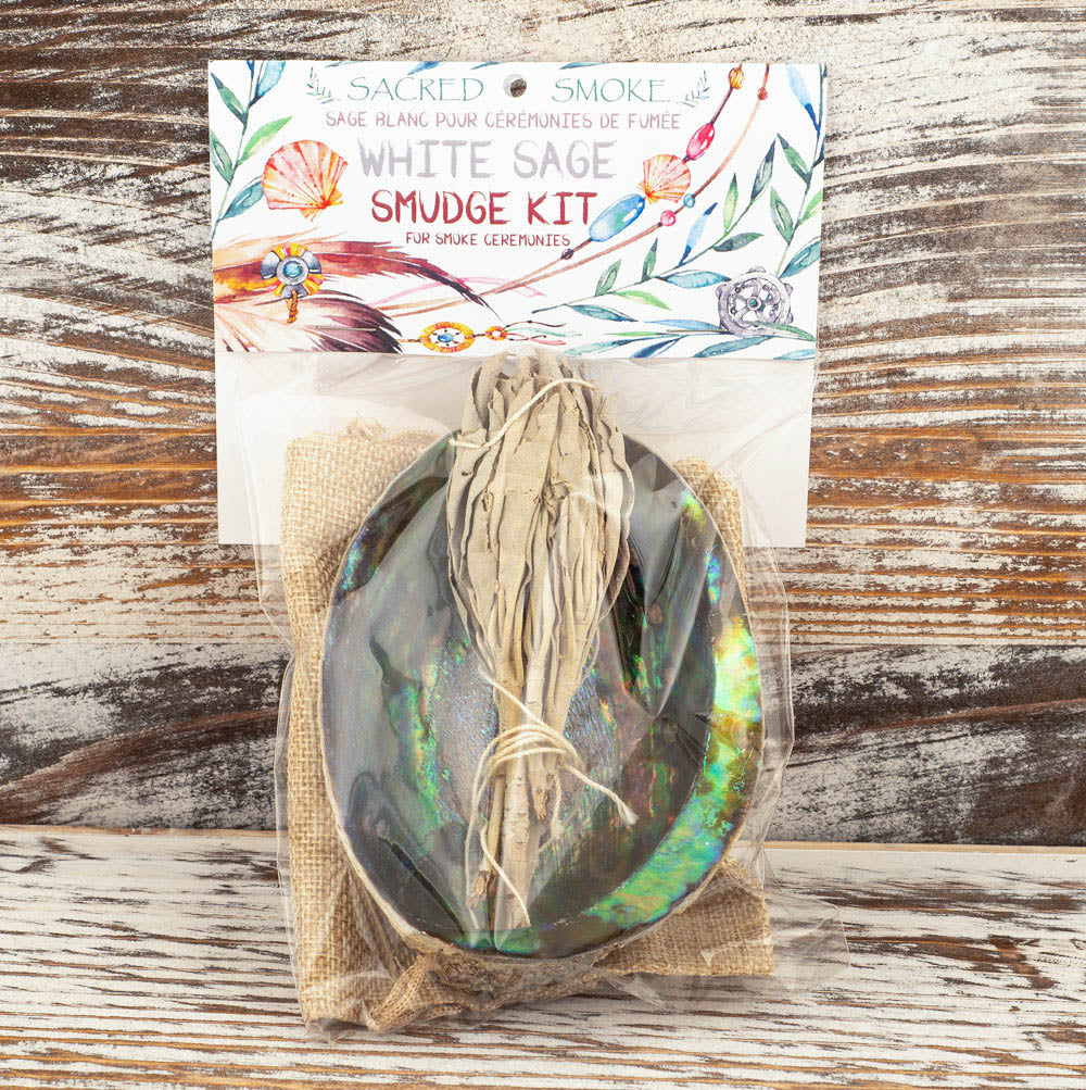 SMUDGE KIT - Paua Abalone avec sac et sauge blanche style torche 4 pouces - avec en-tête