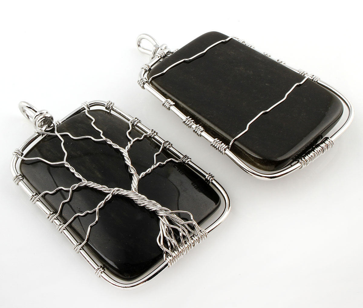 Tree Of Life Pendant - Brass with Obsidian Rectangle - Platinum color plated