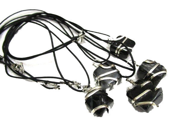 Black Tourmaline Wire Wrapped Pendant on Cord - 25g - India
