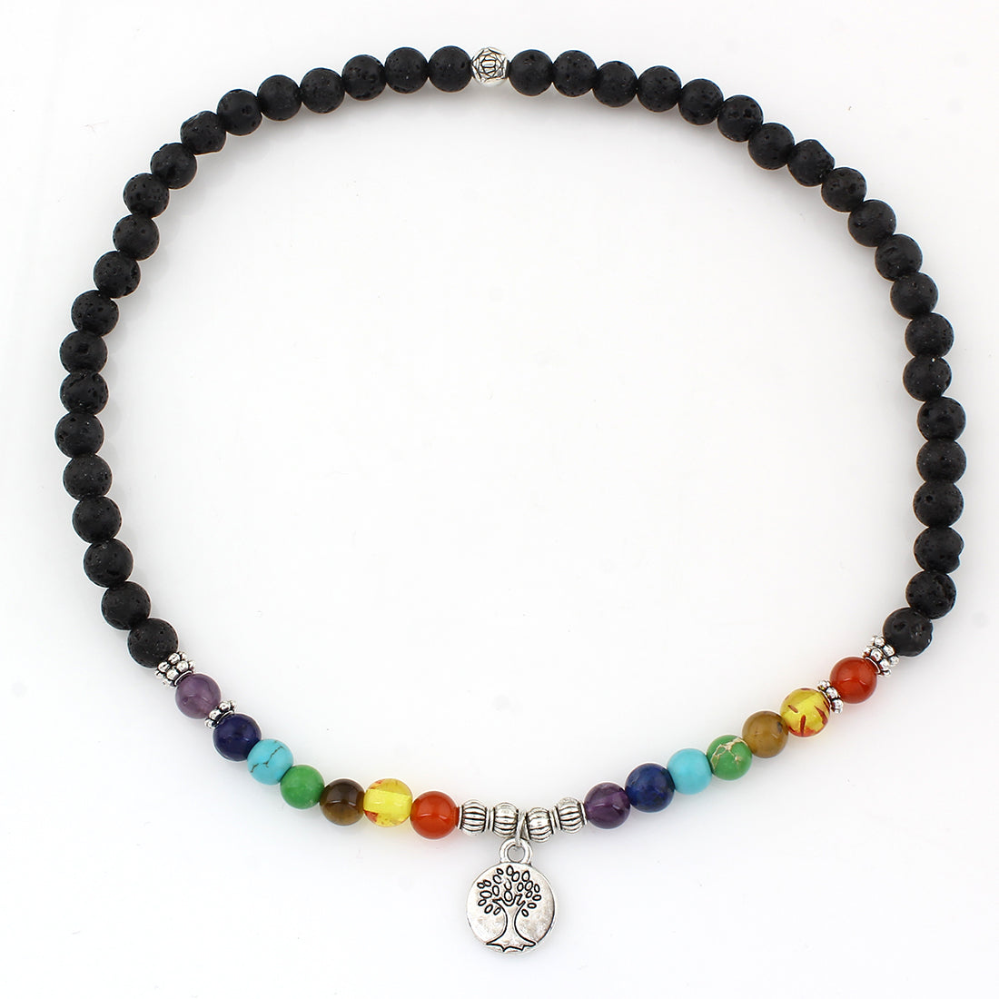 Lava Stone & Multi-Colored Gemstone Bracelet - Tree Of Life Charm