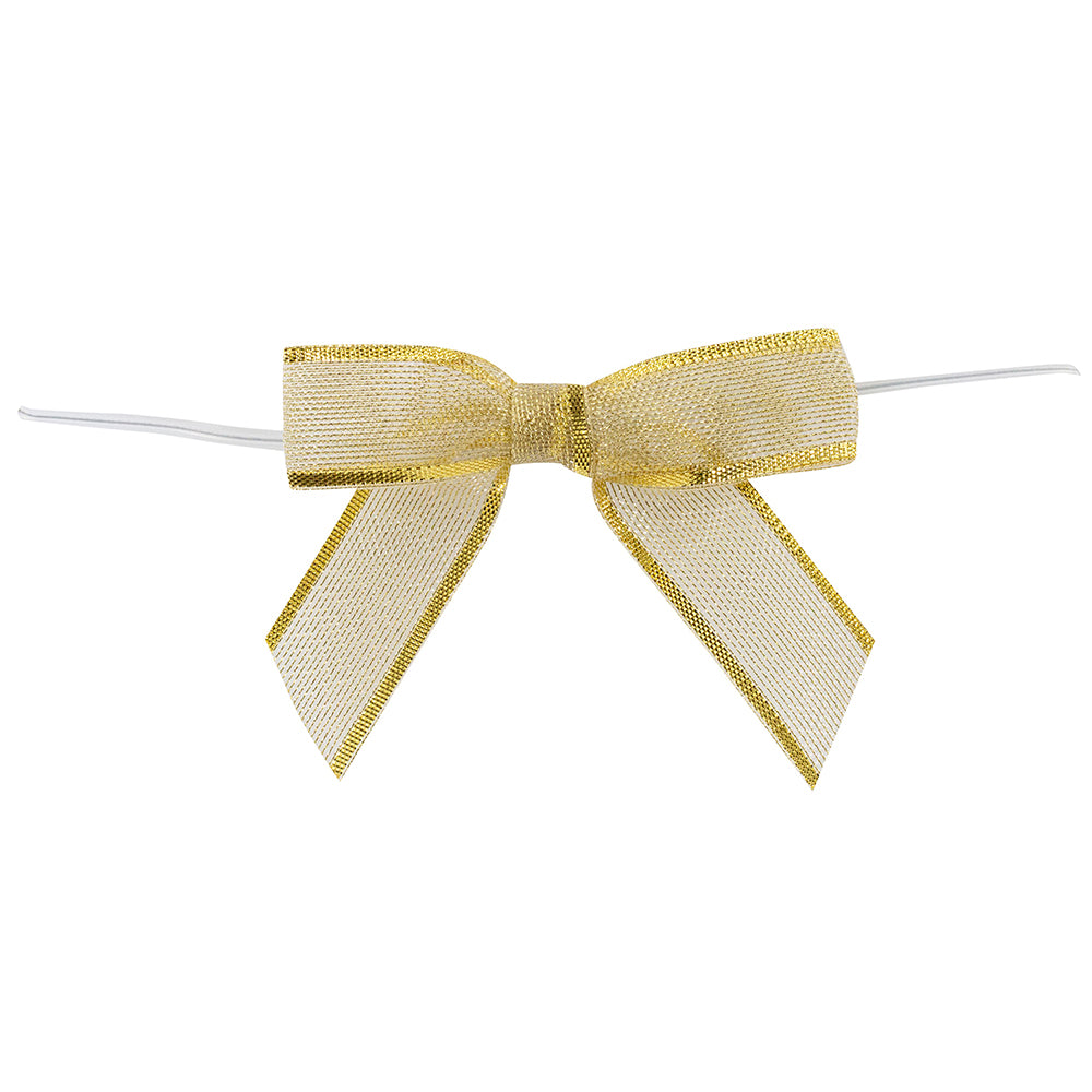 Pack of 100 Gold METALLIC MESH TWIST TIE BOWS - SMALL - 2 LOOPS x 2-1/2in Span, 2 TAILS x 1-3/4in x 5/8in RIBBON WIDTH & 5in TWIST TIE