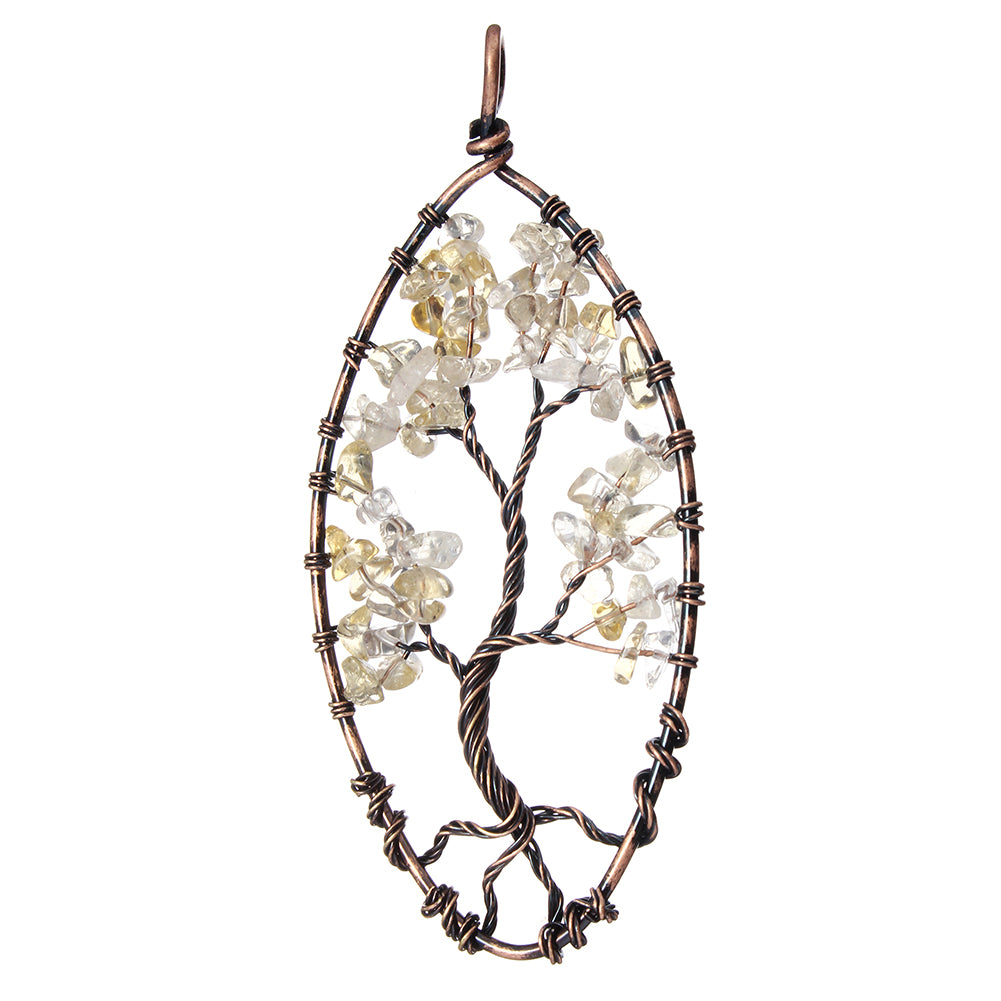 Pendentif Arbre de Vie - Laiton avec Pierre Précieuse Citrine, Plaqué Cuivre Antique