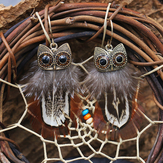 Boucles d'oreilles pendantes en alliage de zinc hibou et plume - Couleur café Taille 16x56mm - NEW222