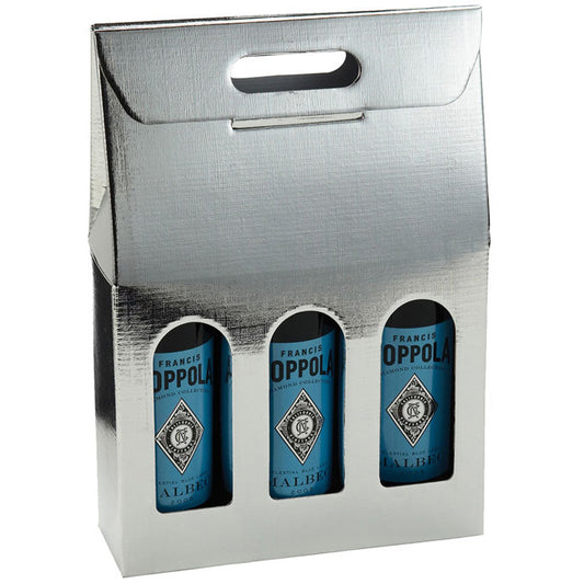 Seta Argento Silver 3 WINE Bottle CORRUGATED Carriers - 10-5/8 x 3.5 x 15 inch (30 per case.)