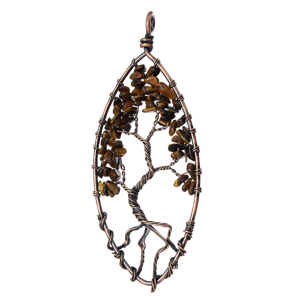 Pendentif Arbre de Vie - Laiton avec Pierre Gemme Oeil de Tigre, Plaqué Cuivre Antique