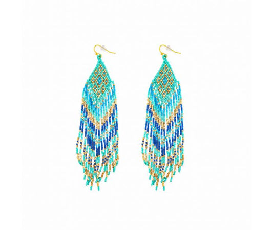 Waterfall Glass Beaded Earrings - 3.25 inch Long - Blues & Gold - NEW424