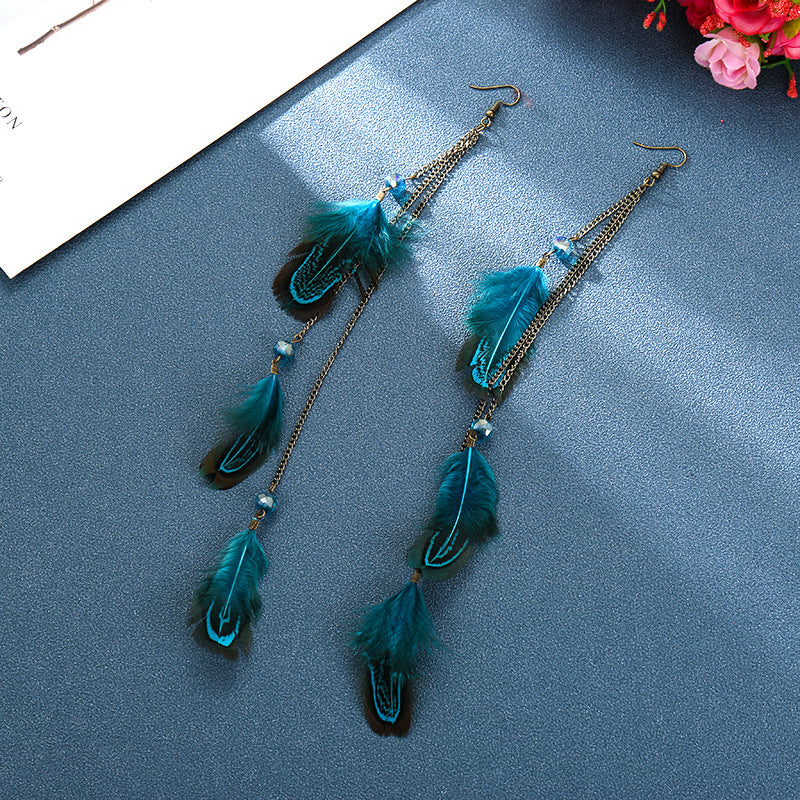 Boucles d'oreilles mode pendantes plumes bleu paon - NEW521