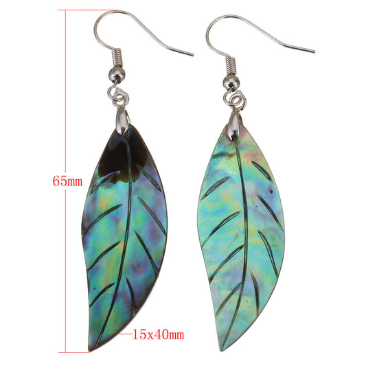 Boucles d'oreilles coquille d'ormeau design feuille avec crochets en laiton - 65mm 15x40mm - NEW1120