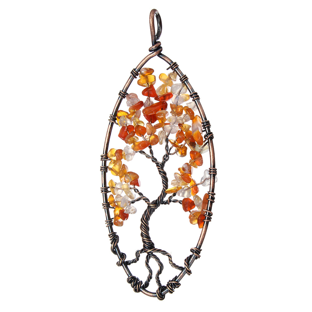 Pendentif Arbre de vie - Laiton avec pierre précieuse d'agate rouge, plaqué cuivre antique