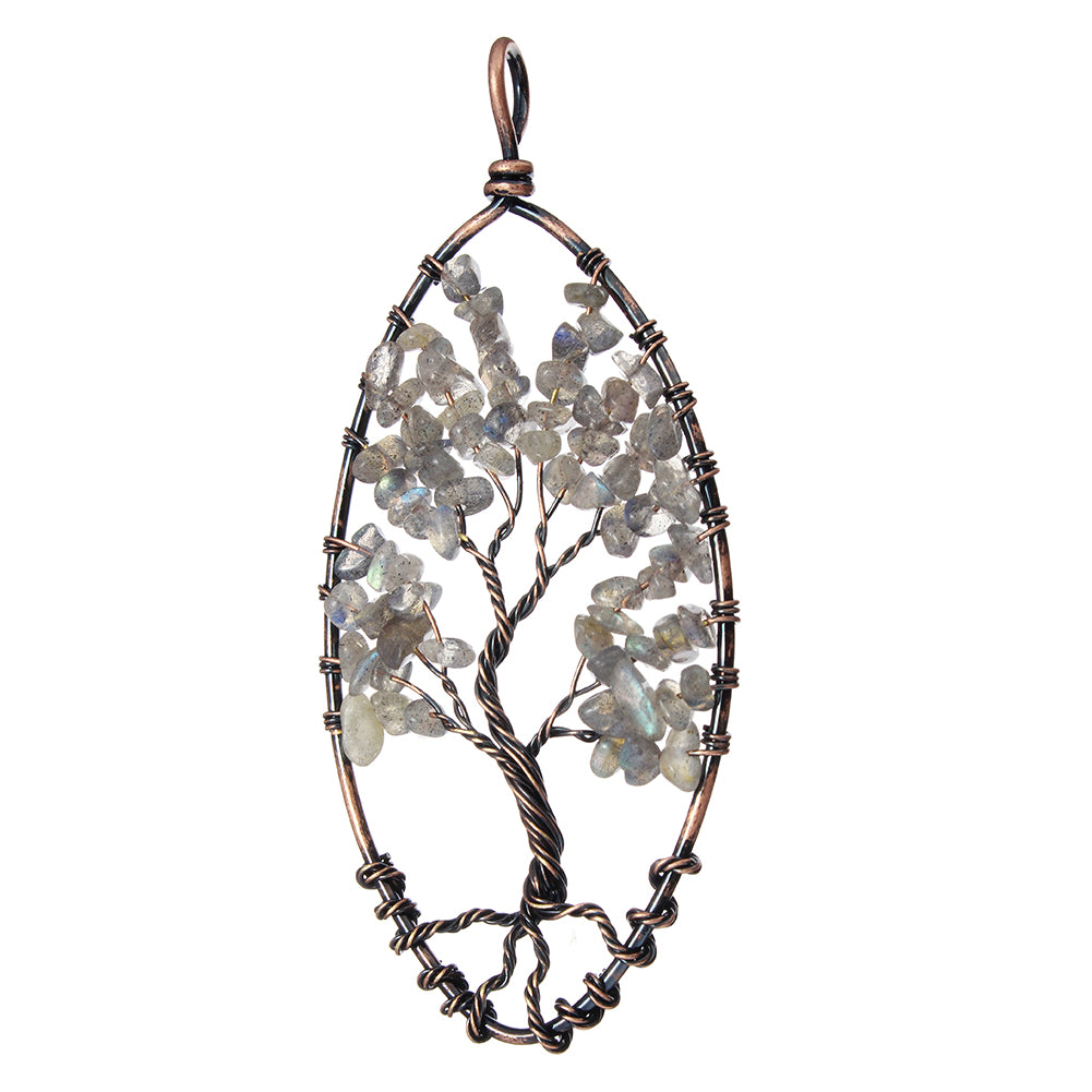 Pendentif arbre de vie - Laiton avec pierre précieuse de labradonite, plaqué cuivre antique