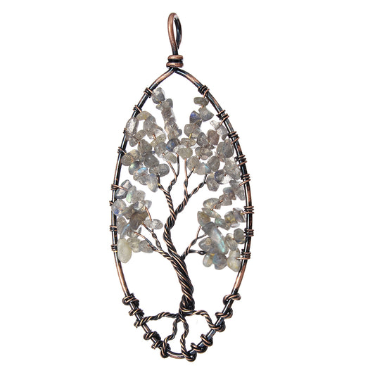 Pendentif arbre de vie - Laiton avec pierre précieuse de labradonite, plaqué cuivre antique