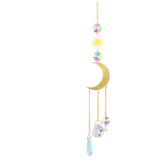 K9 Aura Crystal Hanger  Suncatcher Crescent Moon with Stars Sun Brass - Long 45cm - China
