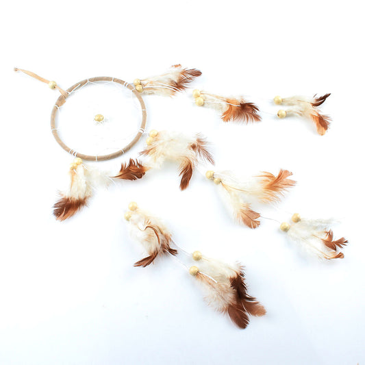 Fashion Dream Catcher with Fabric Wrapped Metal Hoop - Natural Feathers - Wood Beads - Polyester Cord - 45cm