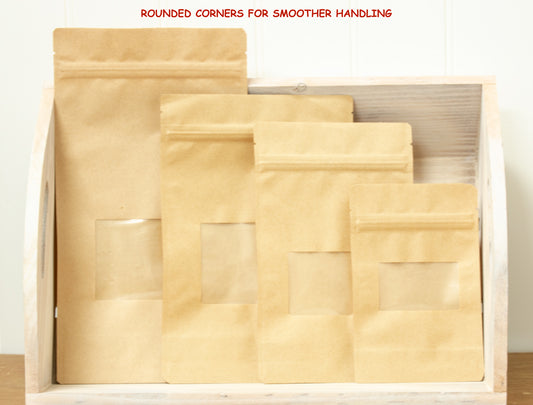 Pack of 100 5x8x2.5 inch 4 oz. Kraft with Window Stand Up Gusseted Barrier Pouches - Ziploc & heat sealable