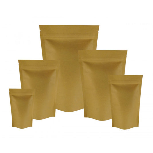 Pack of 100 4x6x2 inch 2 oz. Kraft Stand Up Gusseted Barrier Pouches - Ziploc & heat sealable