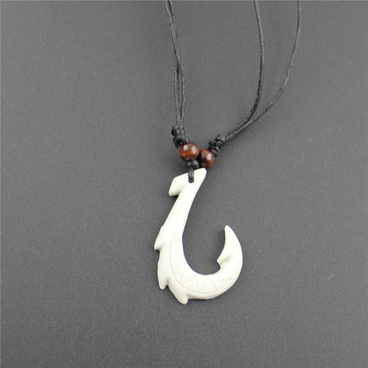 Hook Shape Resin Ox Bone W/Black Cord Necklace - 1.3 inch - NEW1220