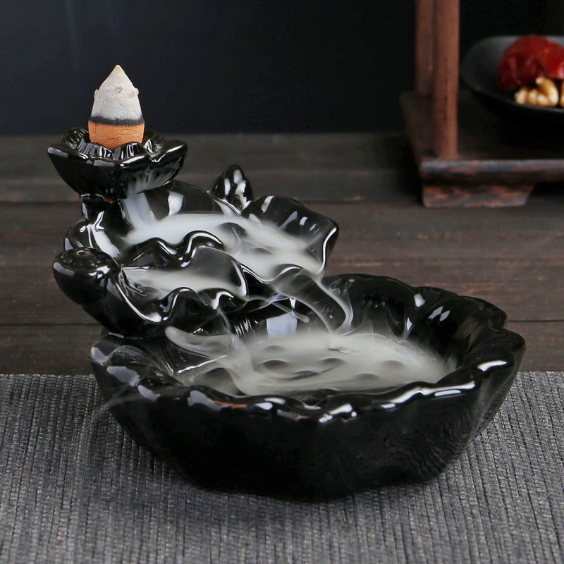 Lotus Endless Sunflower Backflow Incense Burner Ceramic - Black - 9x11x6.2cm - NEW424